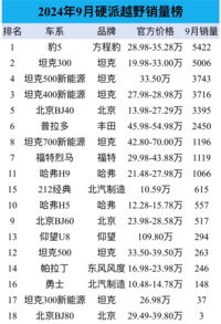 9月硬派越野销量榜：坦克300丢冠，比亚迪终于赢了