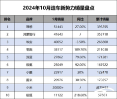 2024年10月造车新势力销量盘点：理想领跑 极狐成黑马