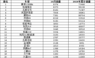 2024年10月汽车销量排行榜 小米SU7销量跃升