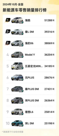 10月新能源销量TOP5，比亚迪前五进三