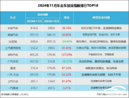 2024年11月车企投诉指数排行：两强投诉超比亚迪