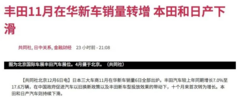 日系车企11月销量出炉，丰田同比涨7%，本田总成绩超74万辆